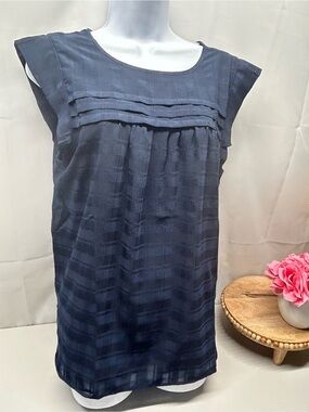 LOFT Navy Pintuck Cap-Sleeve Blouse